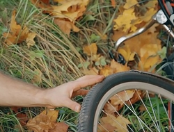 Nude gay bear cyclist stripping and masterbating under the autumn tree